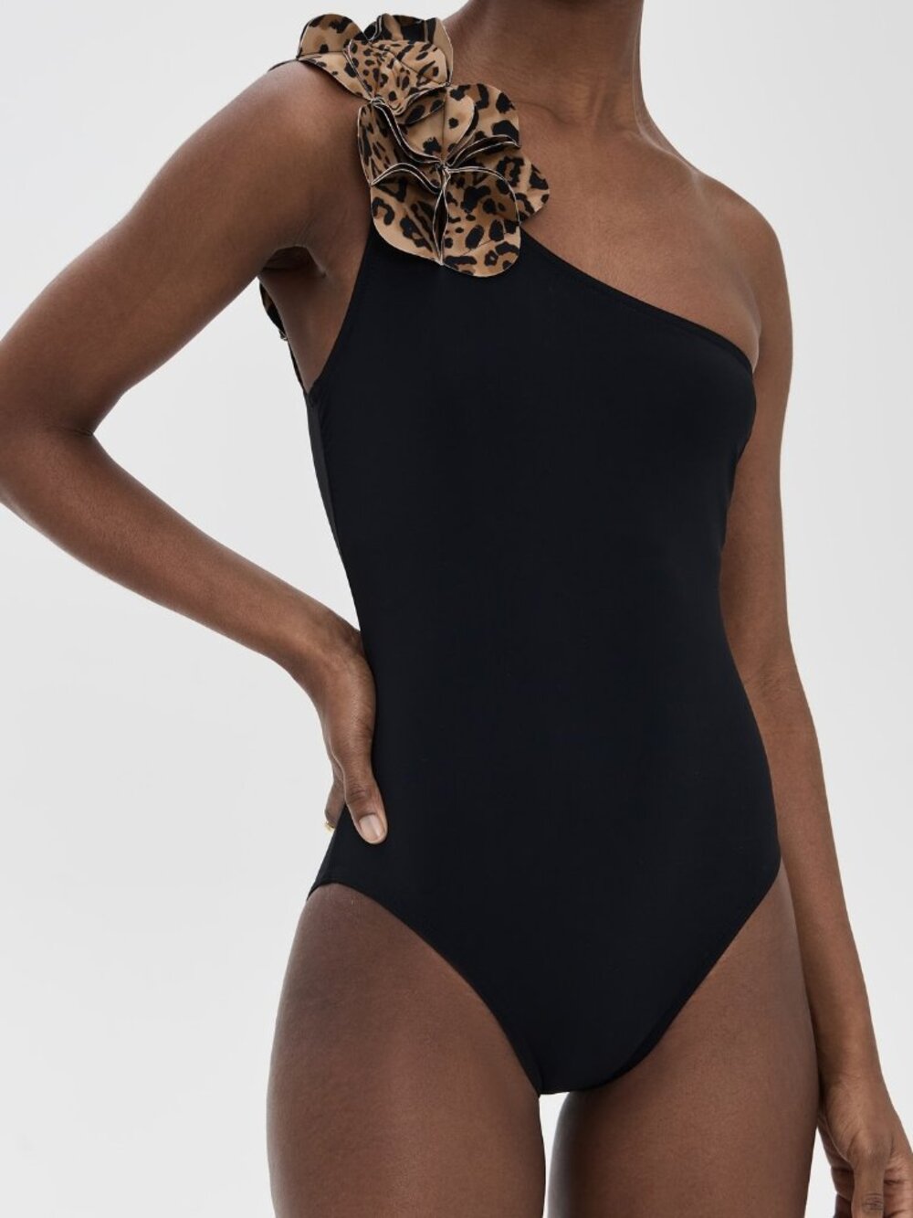 Black Karla Colletto One-Piece Swimsuit with Leopard One Shoulder Sz 10
